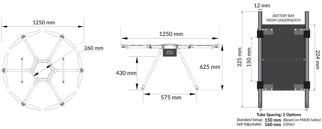 Aurelia X6 MAX with Battery Bay drawing - M600 Spacing